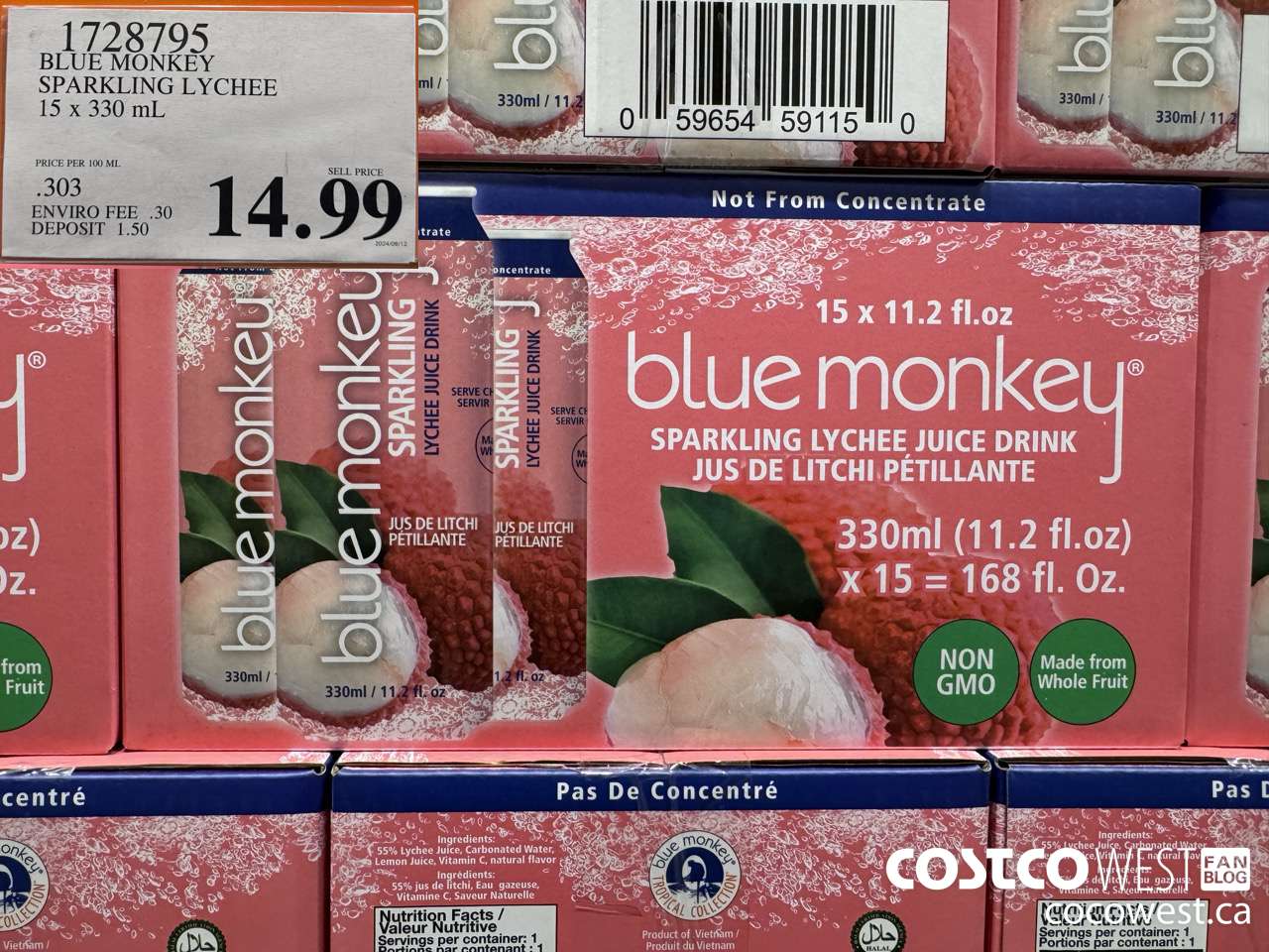 1728795 BLUE MONKEY SPARKLING LYCHEE 15 X 330 ML $14.99