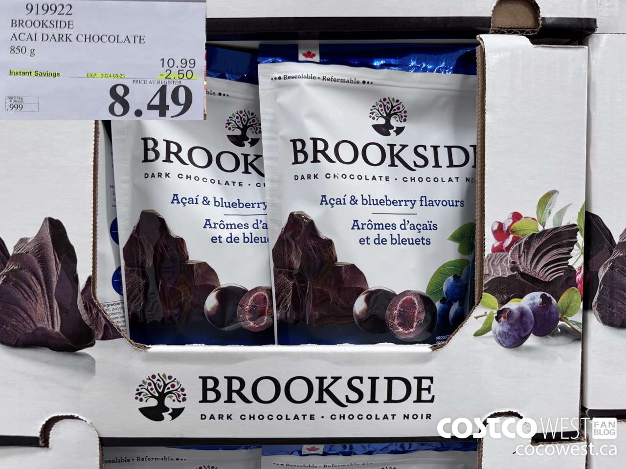 919922 BROOKSIDE ACAI DARK CHOCOLATE 850 g ($2.50 INSTANT SAVINGS EXPIRES ON 2024-06-23) $8.49