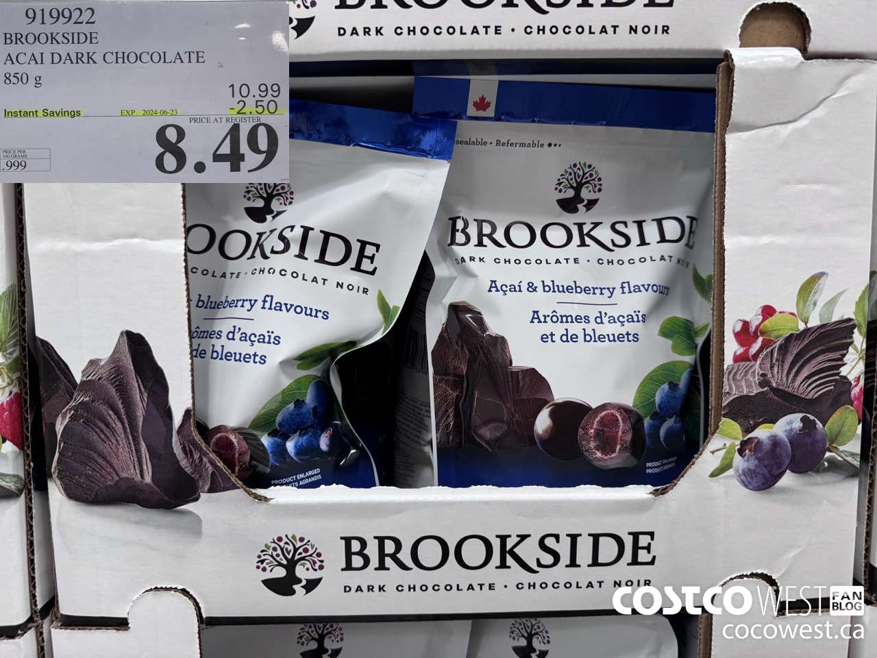 919922 BROOKSIDE ACAI DARK CHOCOLATE 850 g ($2.50 INSTANT SAVINGS EXPIRES ON 2024-06-23) $8.49
