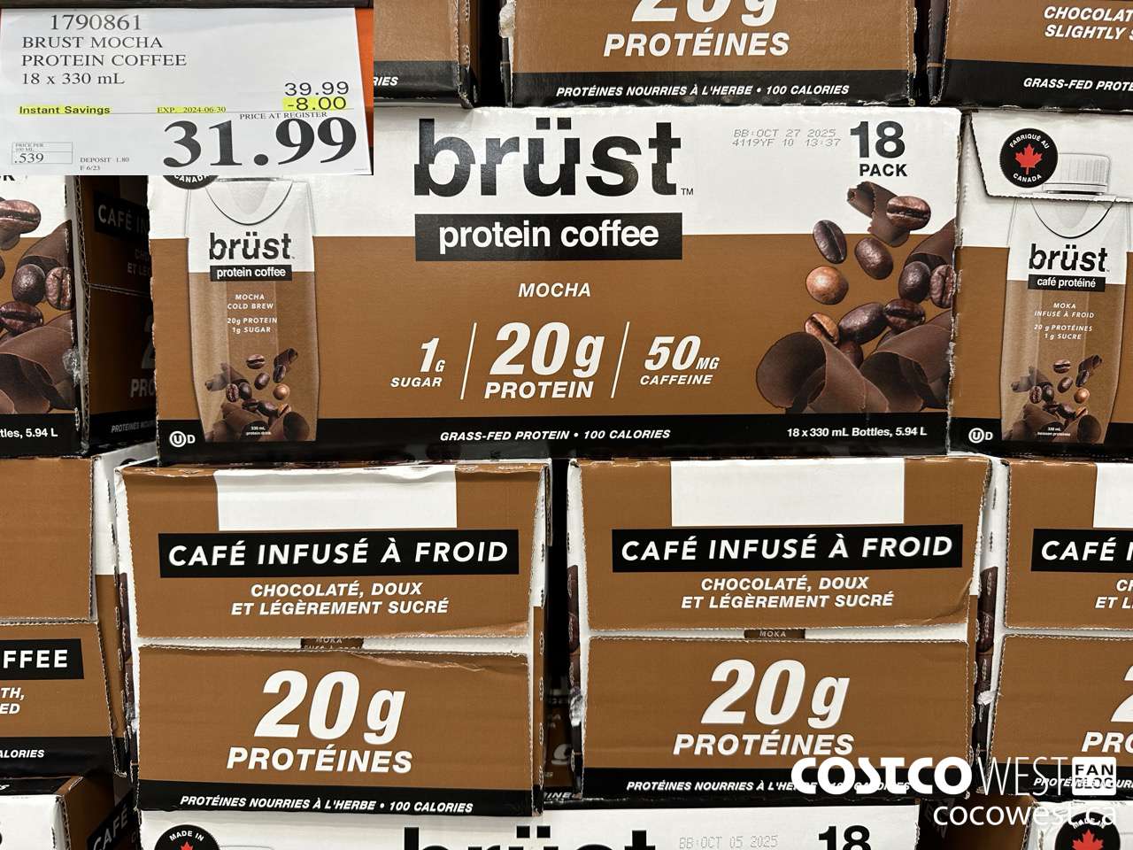 1790861 BRUST MOCHA PROTEIN COFFEE 18 X 330ML ($8.00 INSTANT SAVINGS EXPIRES ON 2024-06-30) $31.99