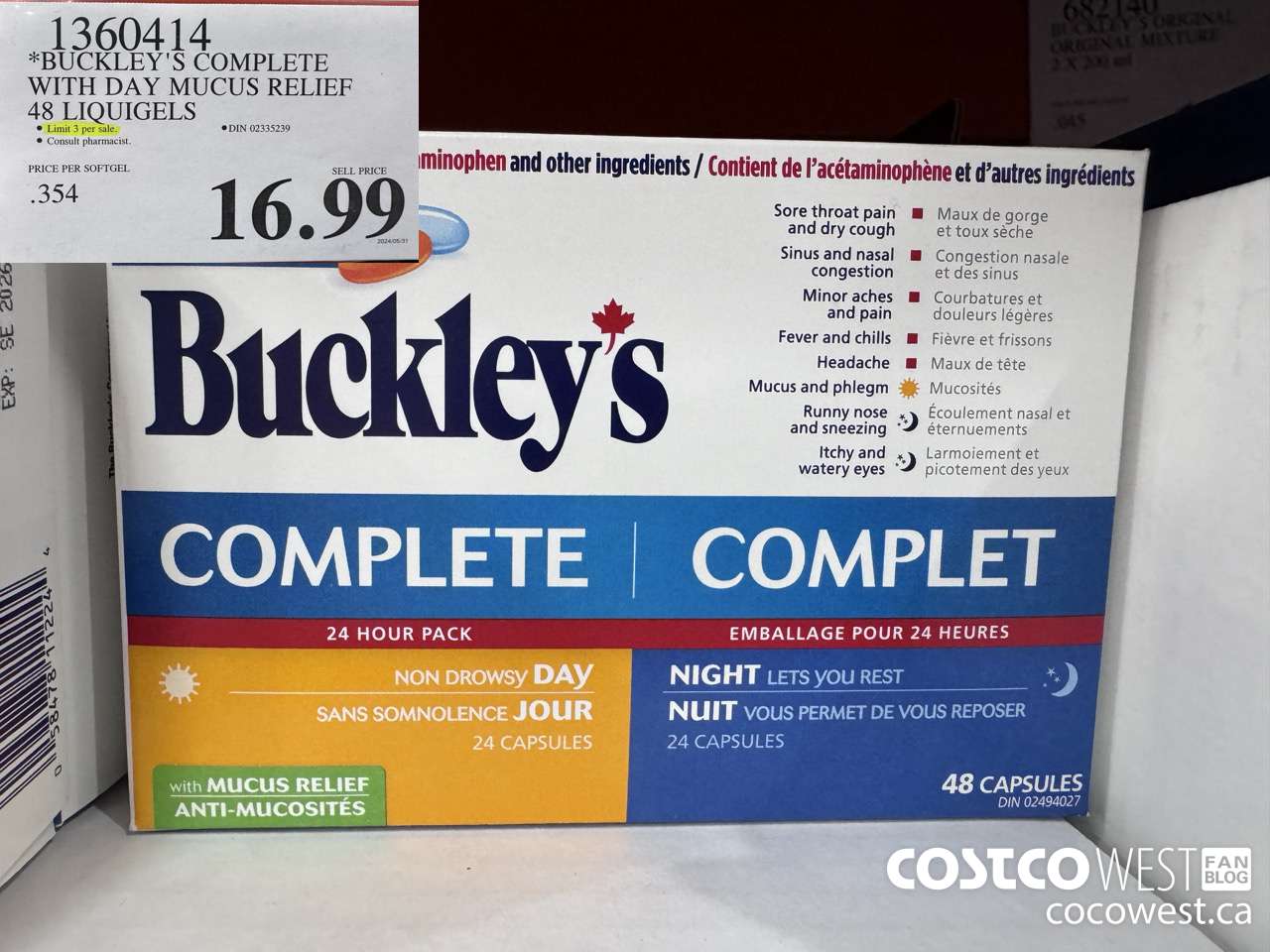 1360414 BUCKLEY'S COMPLETE WITH DAY MUCUS RELIEF 48 CAPLETS $16.99