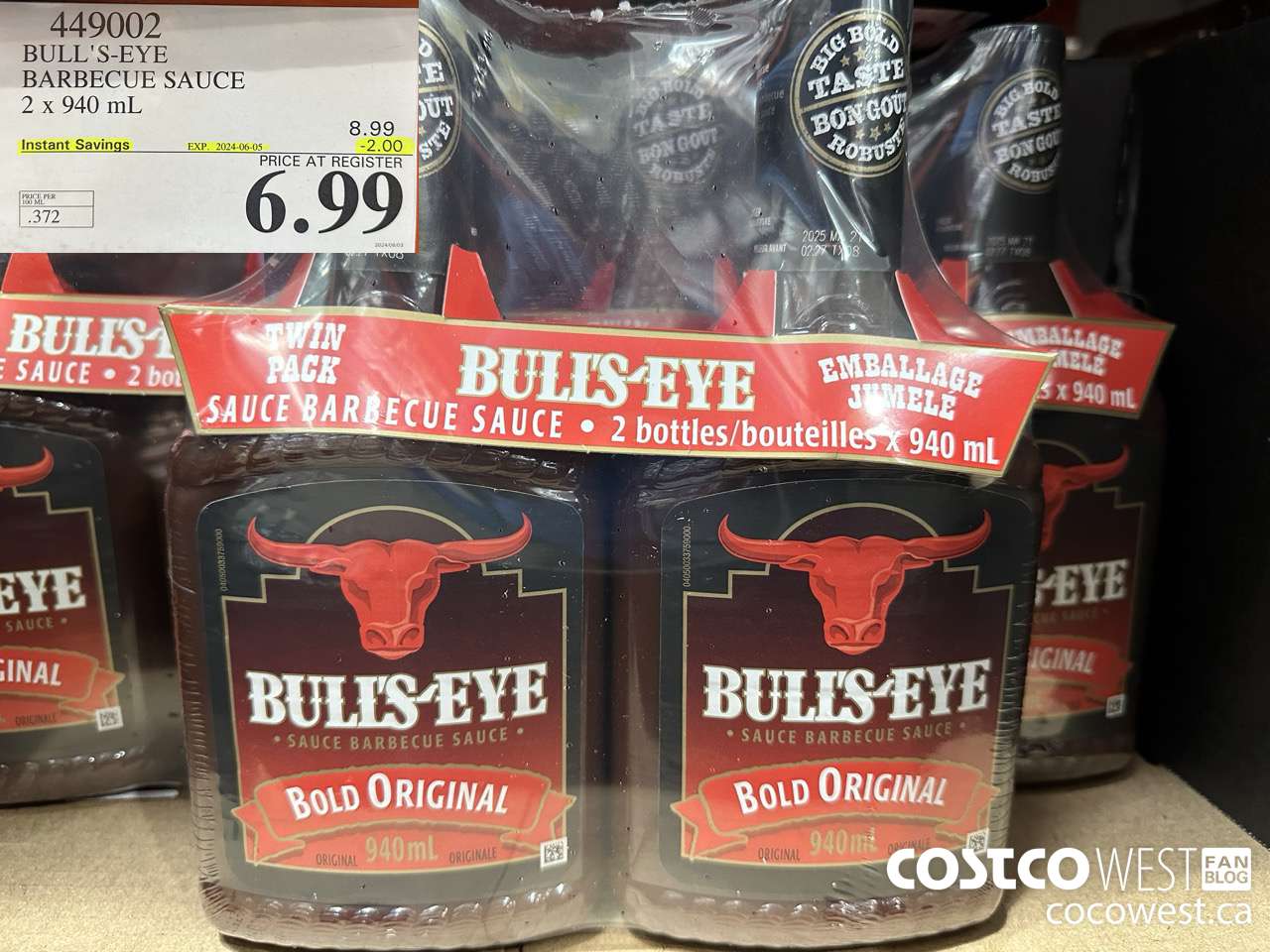 449002 BULLSEYE ORIGINAL BARBECUE SAUCE 2 X 940ML ($2.00 INSTANT SAVINGS EXPIRES ON 2024-06-05) $6.99