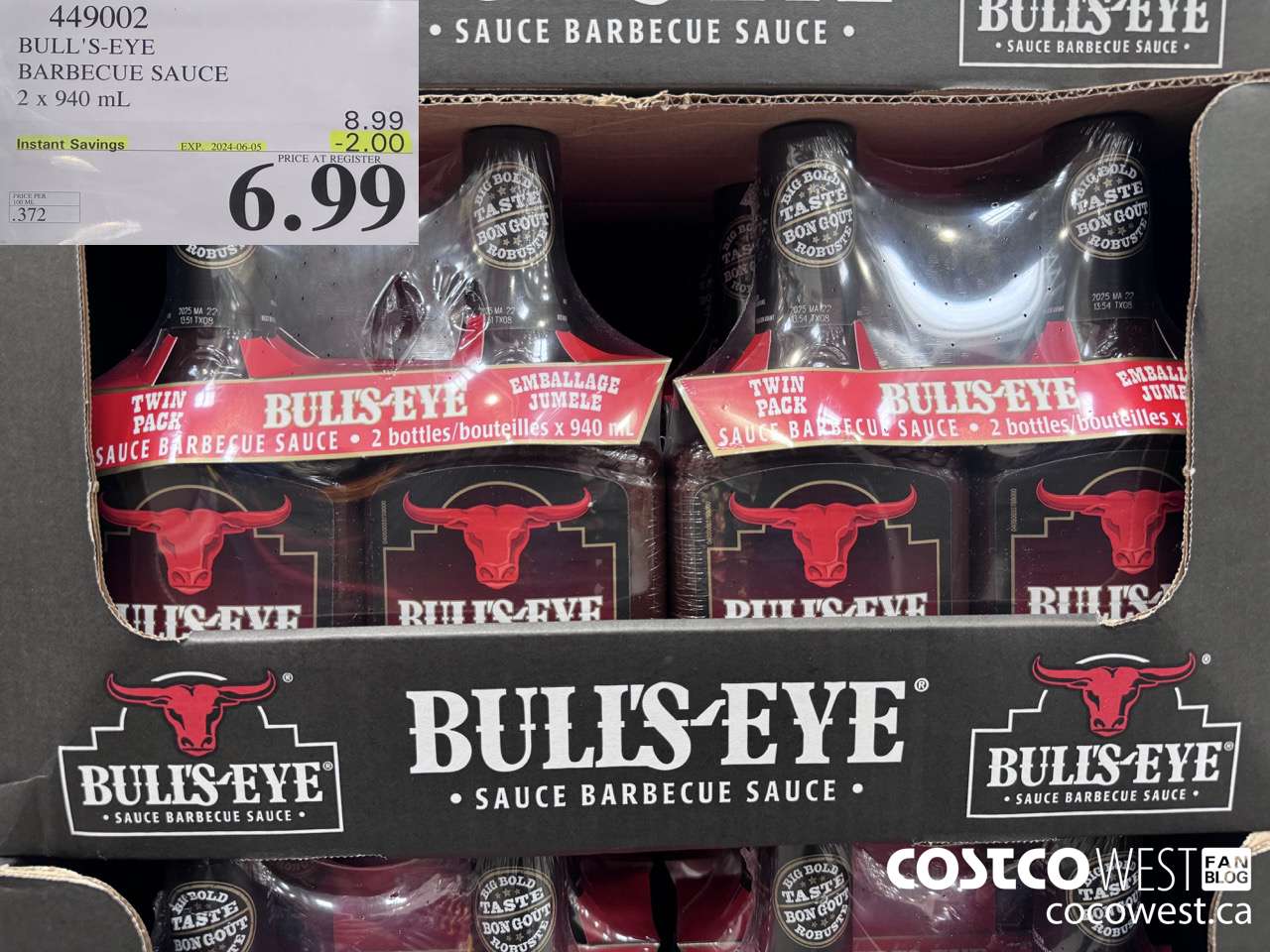 449002 BULLSEYE ORIGINAL BARBECUE SAUCE 2 X 940ML ($2.00 INSTANT SAVINGS EXPIRES ON 2024-06-05) $6.99