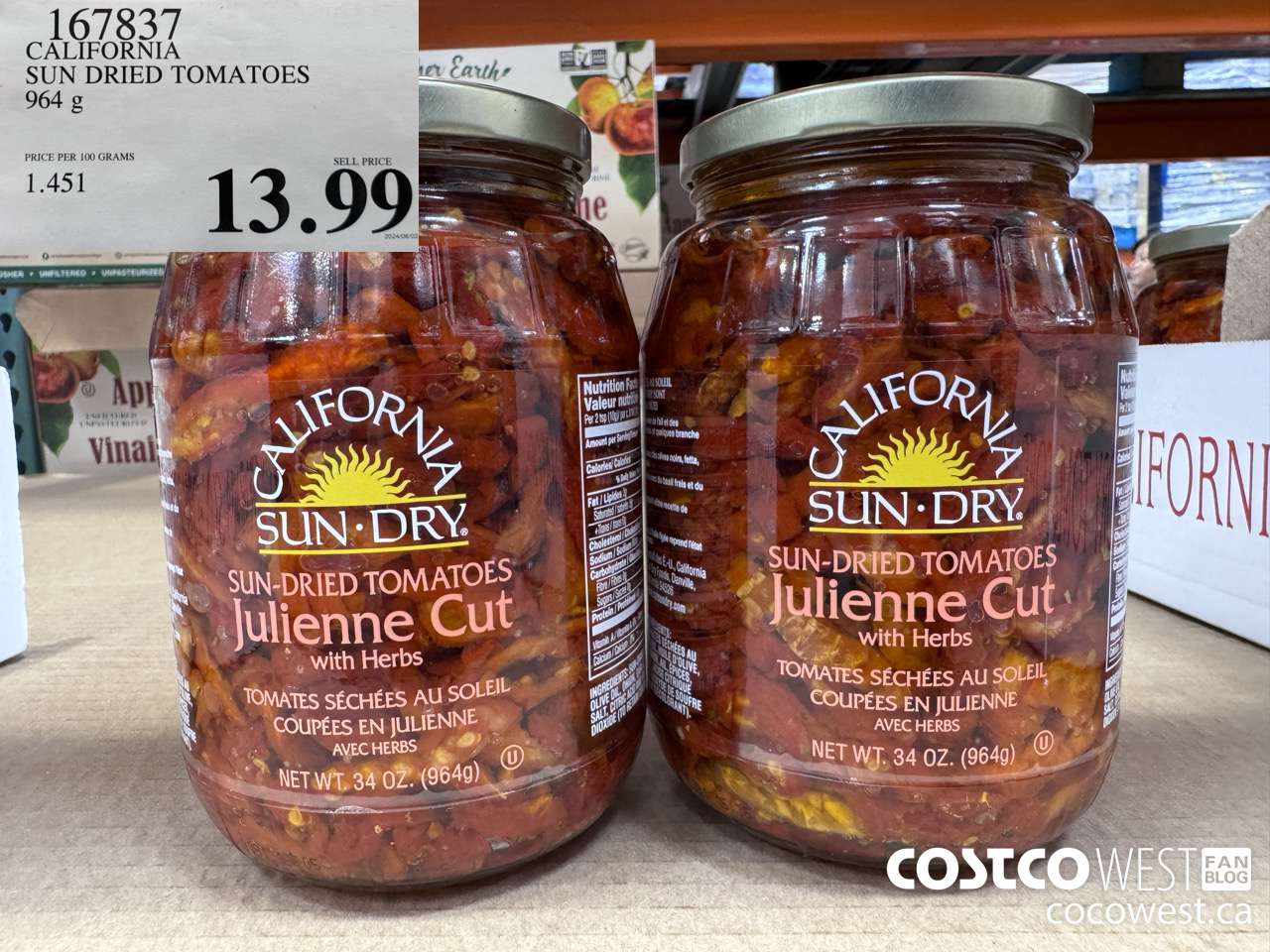 167837 CALIFORNIA SUN DRIED TOMATOES 964 g $13.99