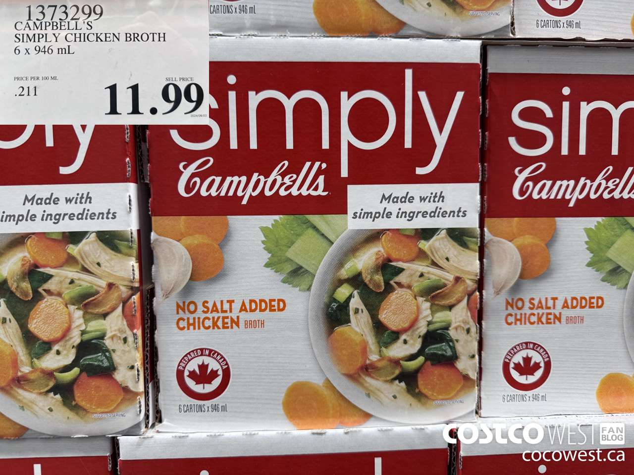 1373299 CAMPBELL'S NO SALT SIMPLY CHICKEN BROTH 6 x 946 mL $11.99