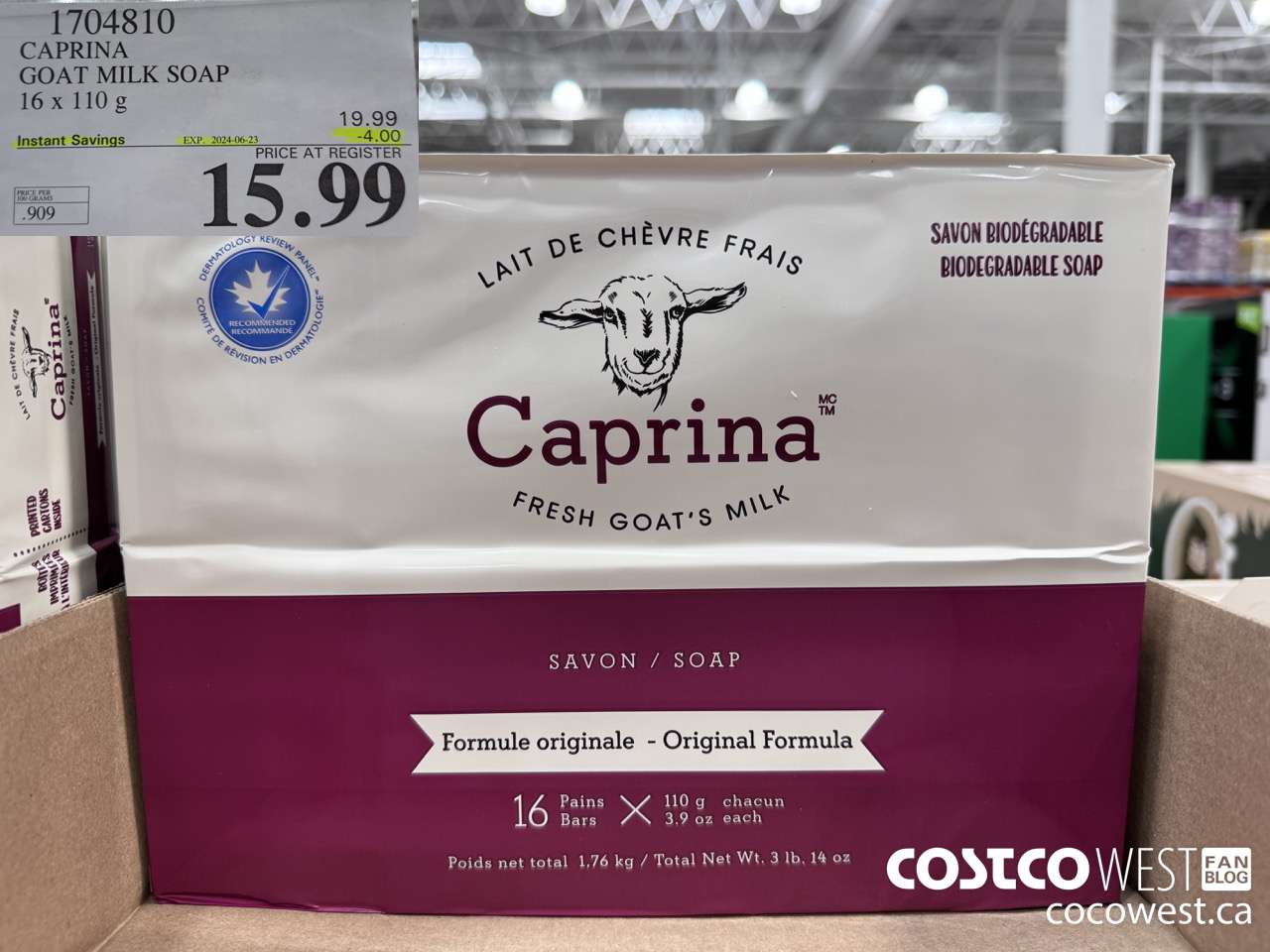 1704810 CAPRINA GOAT MILK SOAP 16 X 110 G ($4.00 INSTANT SAVINGS EXPIRES ON 2024-06-23) $15.99