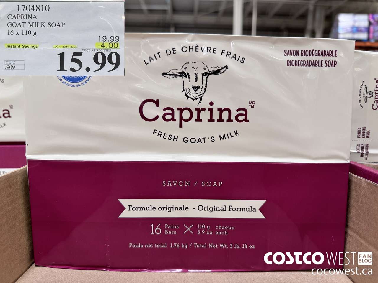 1704810 CAPRINA GOAT MILK SOAP 16 X 110 G ($4.00 INSTANT SAVINGS EXPIRES ON 2024-06-23) $15.99