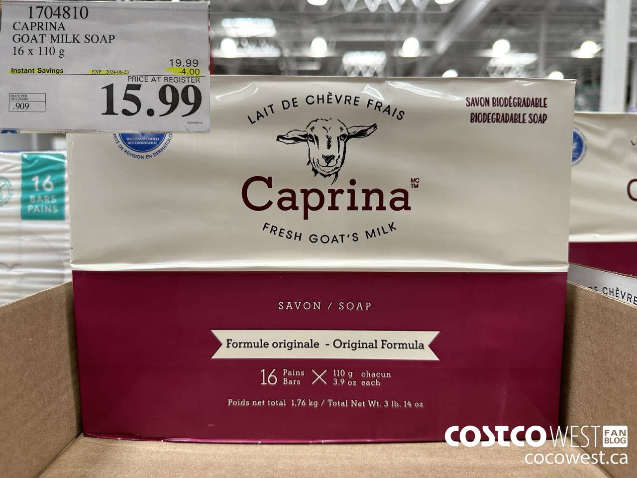 1704810 CAPRINA GOAT MILK SOAP 16 X 110 G ($4.00 INSTANT SAVINGS EXPIRES ON 2024-06-23) $15.99