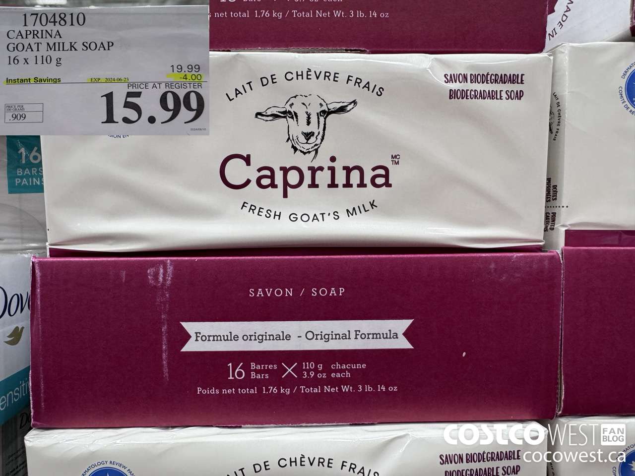 1704810 CAPRINA GOAT MILK SOAP 16 X 110 G ($4.00 INSTANT SAVINGS EXPIRES ON 2024-06-23) $15.99