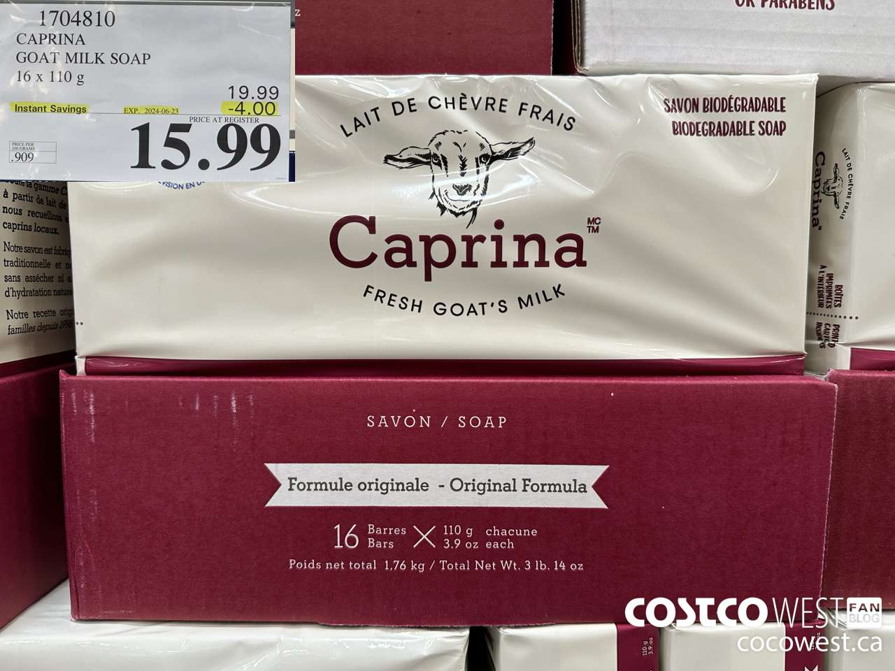 1704810 CAPRINA GOAT MILK SOAP 16 X 110 G ($4.00 INSTANT SAVINGS EXPIRES ON 2024-06-23) $15.99