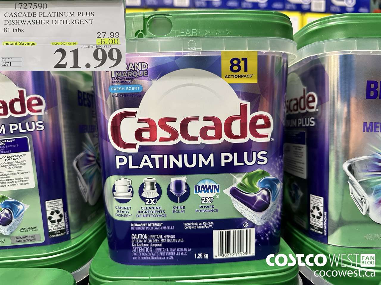 1727590 CASCADE PLATINUM PLUS DISHWASHER DETERGENT 81 TABS ($6.00 INSTANT SAVINGS EXPIRES ON 2024-06-16) $21.99