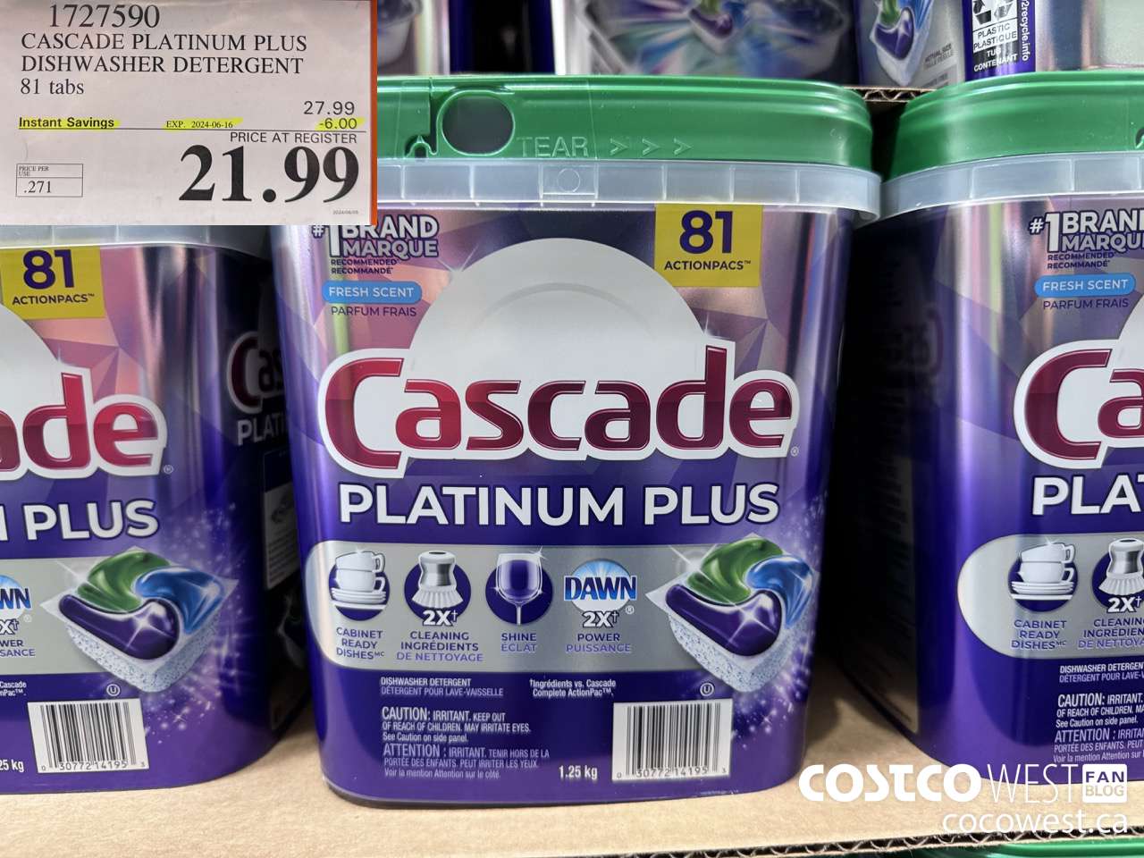 1727590 CASCADE PLATINUM PLUS DISHWASHER DETERGENT 81 TABS ($6.00 INSTANT SAVINGS EXPIRES ON 2024-06-16) $21.99