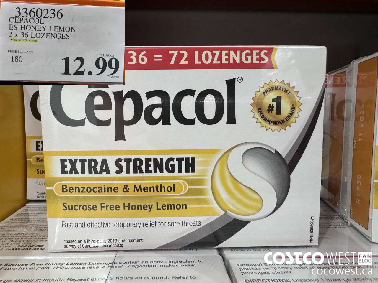 3360236 CEPACOL ES HONEY LEMON 2 X 36 LOZANGES $12.99