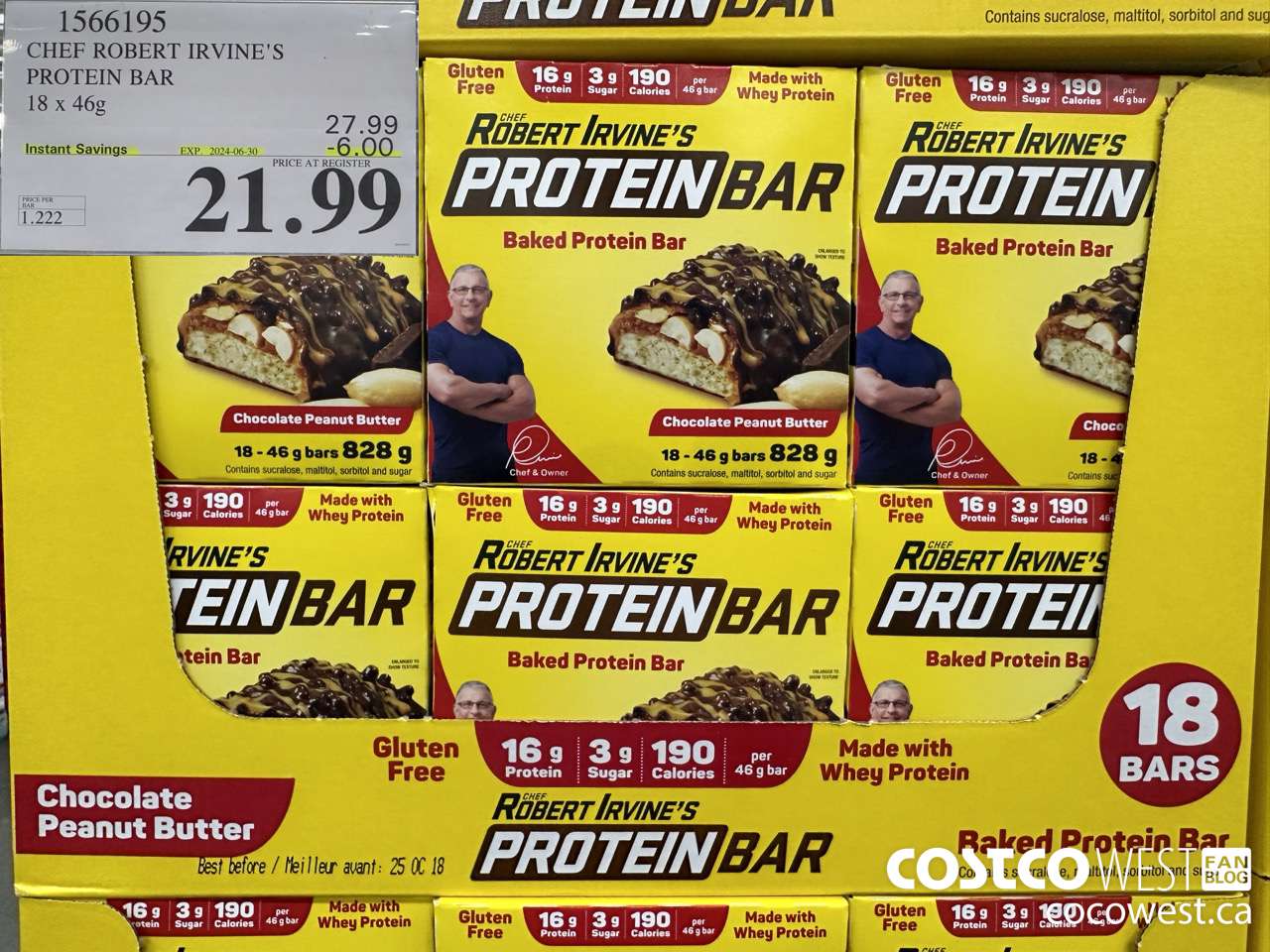 1566195 CHEF ROBERT IRVINE'S PROTEIN BAR 18 X 46G ($6.00 INSTANT SAVINGS EXPIRES ON 2024-06-30) $21.99
