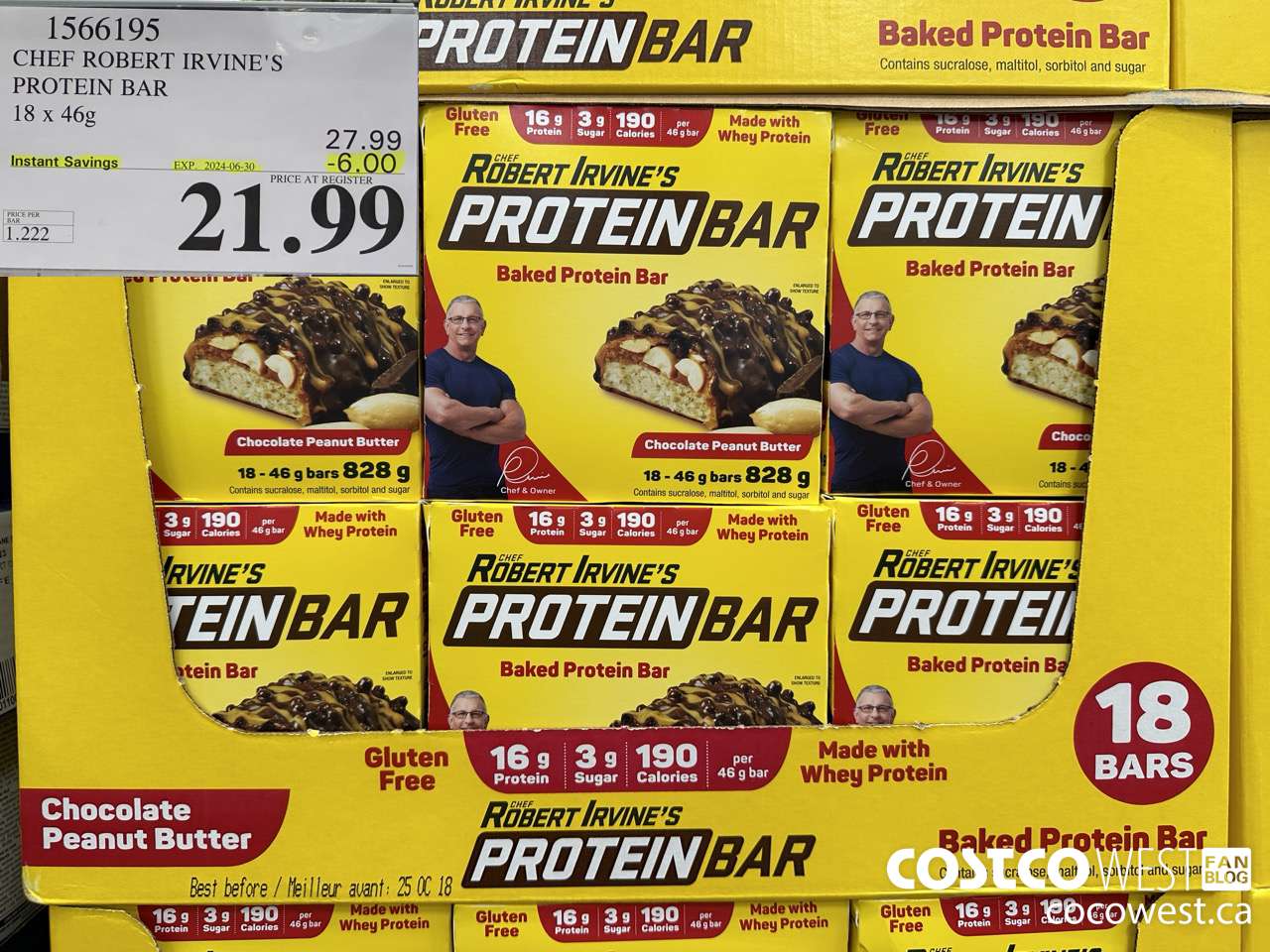 1566195 CHEF ROBERT IRVINE'S PROTEIN BAR 18 X 46G ($6.00 INSTANT SAVINGS EXPIRES ON 2024-06-30) $21.99