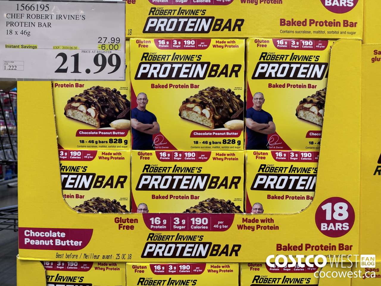 1566195 CHEF ROBERT IRVINE'S PROTEIN BAR 18 X 46G ($6.00 INSTANT SAVINGS EXPIRES ON 2024-06-30) $21.99