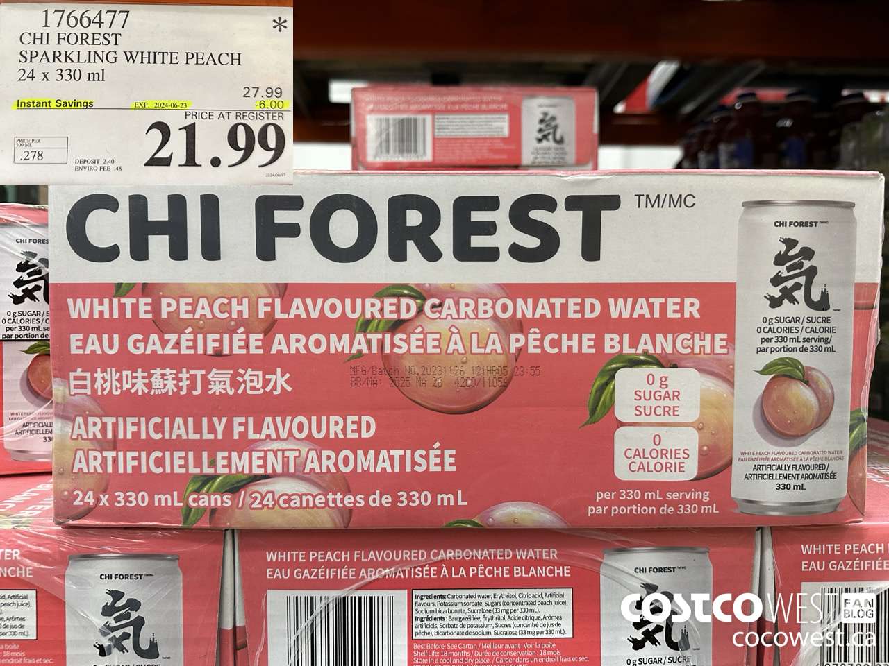 1766477 CHI FOREST SPARKLING WHITE PEACH 24 X 330 ML ($6.00 INSTANT SAVINGS EXPIRES ON 2024-06-23) $21.99