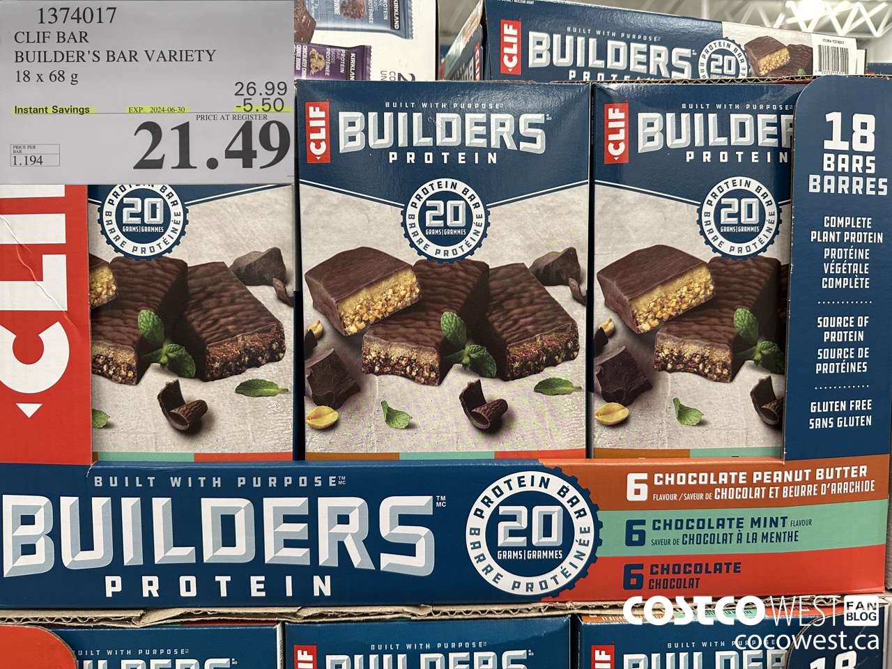 1374017 CLIF BAR BUILDER'S BAR VARIETY 18 x 68 g ($5.50 INSTANT SAVINGS EXPIRES ON 2024-06-30) $21.49