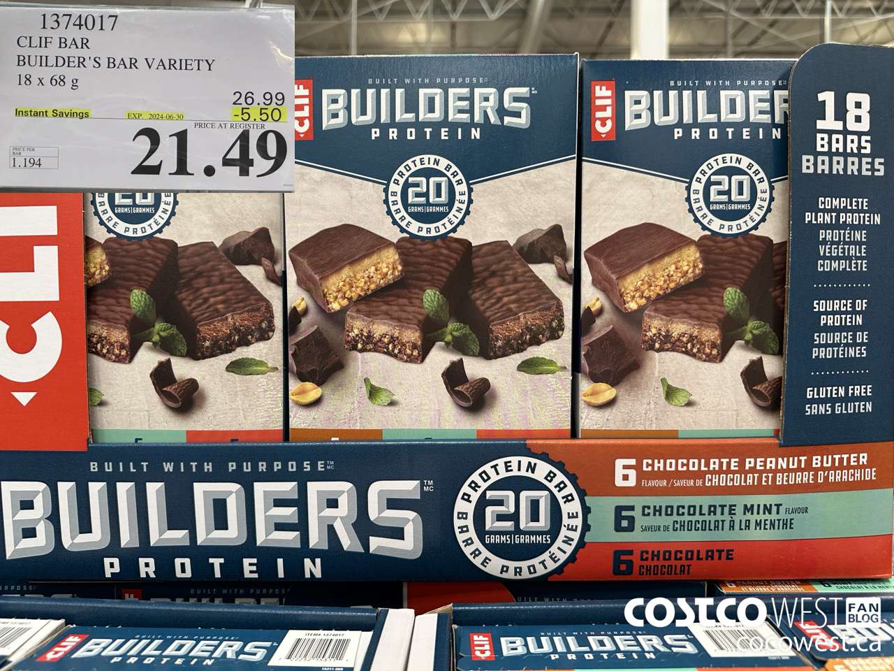 1374017 CLIF BAR BUILDER'S BAR VARIETY 18 x 68 g ($5.50 INSTANT SAVINGS EXPIRES ON 2024-06-30) $21.49
