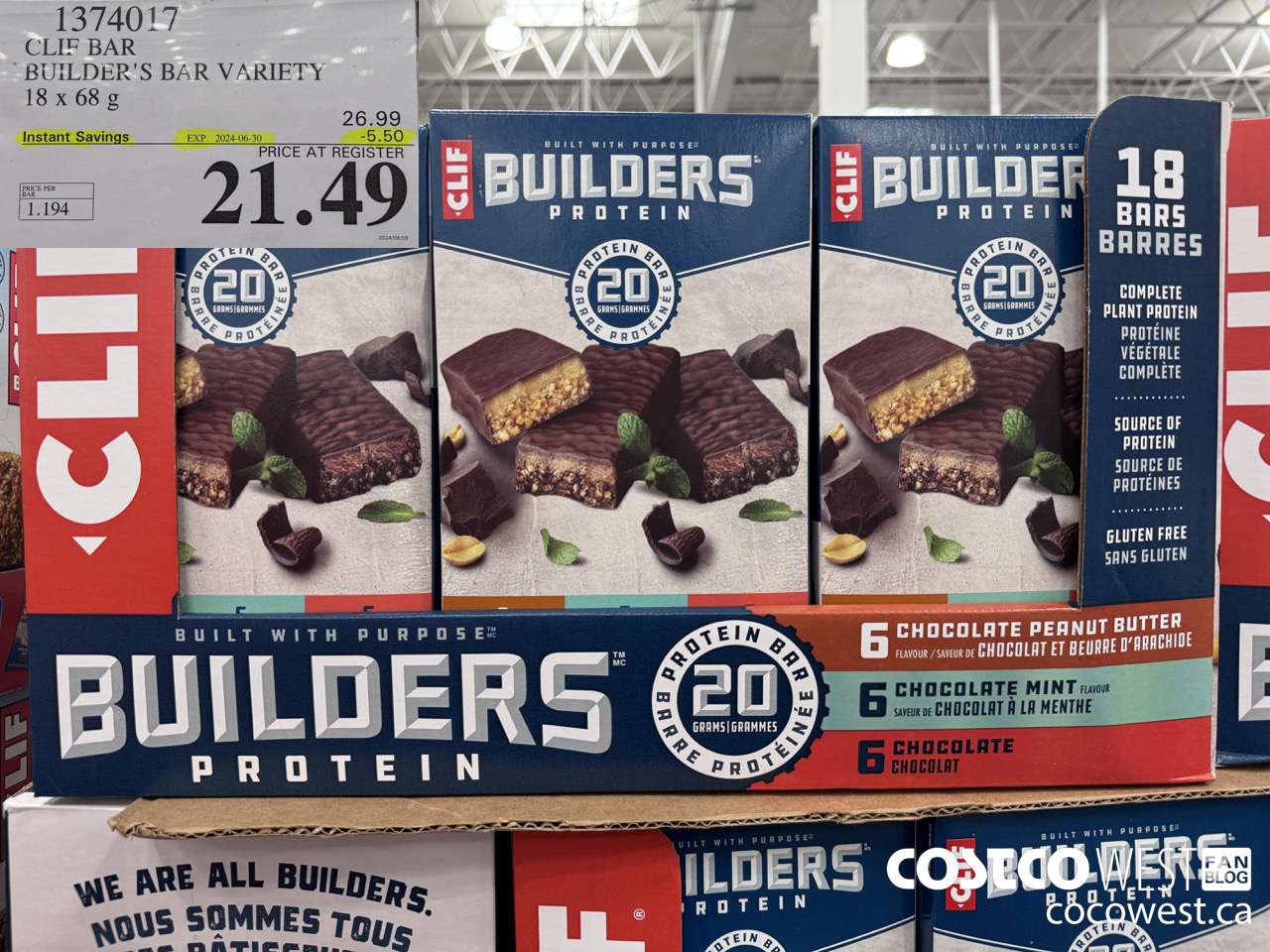 1374017 CLIF BAR BUILDER'S BAR VARIETY 18 x 68 g ($5.50 INSTANT SAVINGS EXPIRES ON 2024-06-30) $21.49