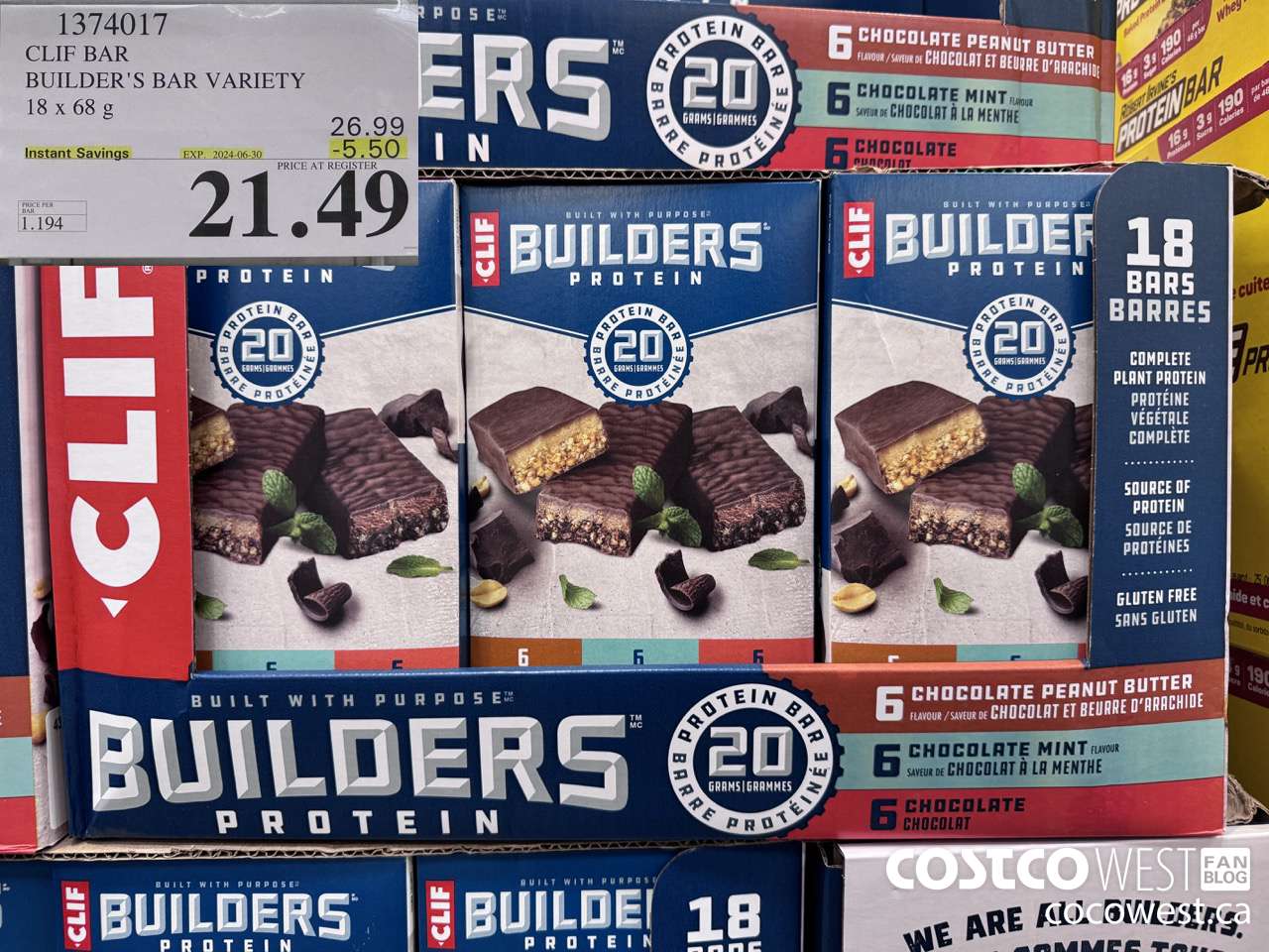 1374017 CLIF BAR BUILDER'S BAR VARIETY 18 x 68 g ($5.50 INSTANT SAVINGS EXPIRES ON 2024-06-30) $21.49