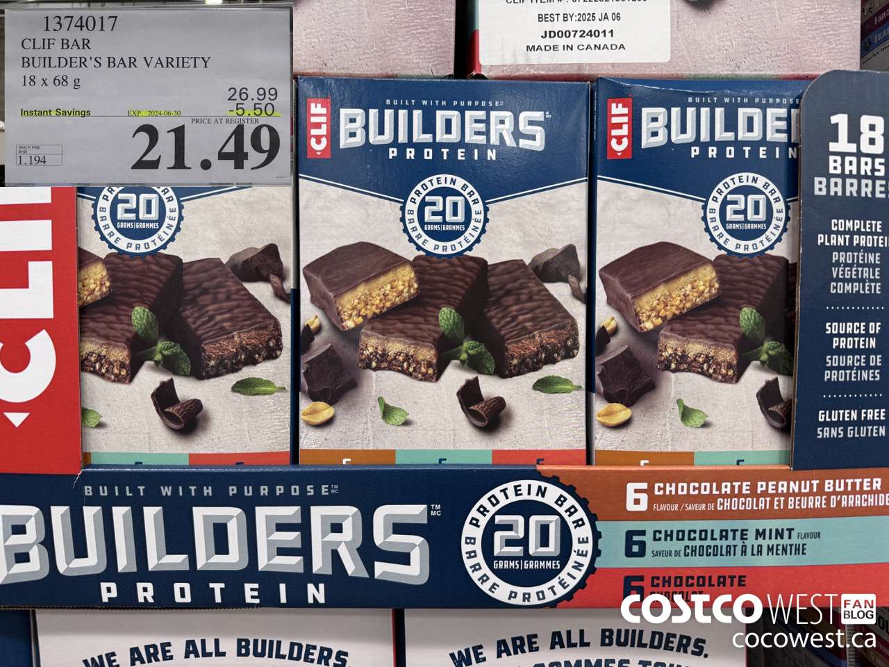1374017 CLIF BAR BUILDER'S BAR VARIETY 18 x 68 g ($5.50 INSTANT SAVINGS EXPIRES ON 2024-06-30) $21.49