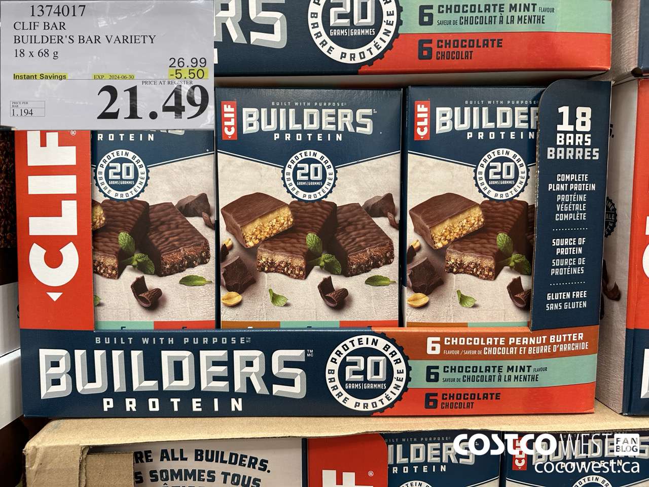 1374017 CLIF BAR BUILDER'S BAR VARIETY 18 x 68 g ($5.50 INSTANT SAVINGS EXPIRES ON 2024-06-30) $21.49