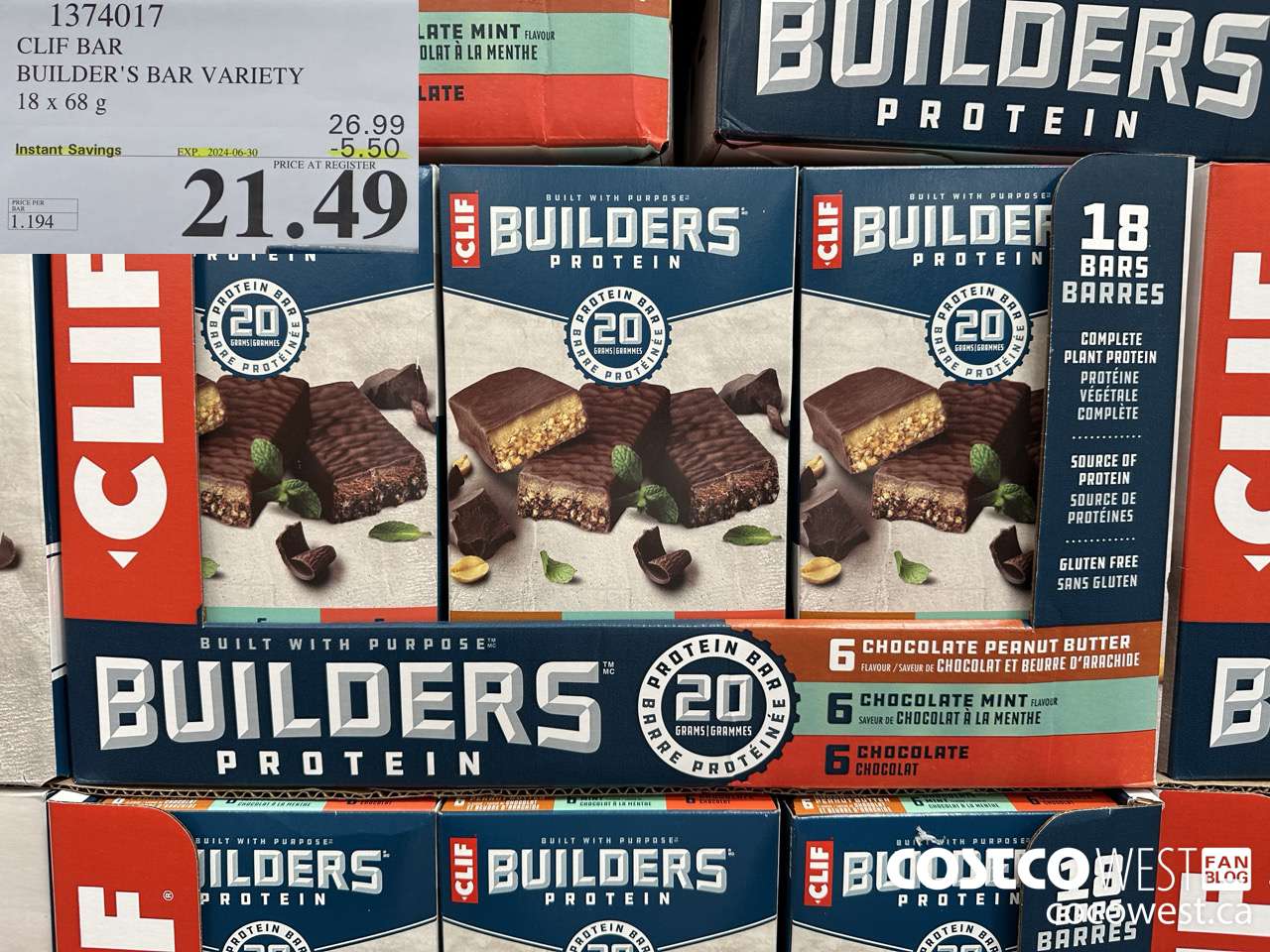 1374017 CLIF BAR BUILDER'S BAR VARIETY 18 x 68 g ($5.50 INSTANT SAVINGS EXPIRES ON 2024-06-30) $21.49