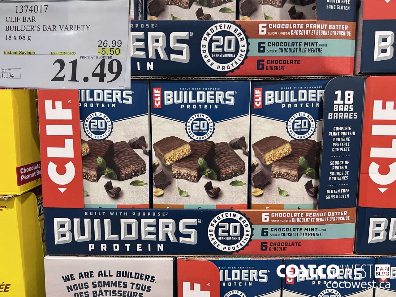 1374017 CLIF BAR BUILDER'S BAR VARIETY 18 x 68 g ($5.50 INSTANT SAVINGS EXPIRES ON 2024-06-30) $21.49