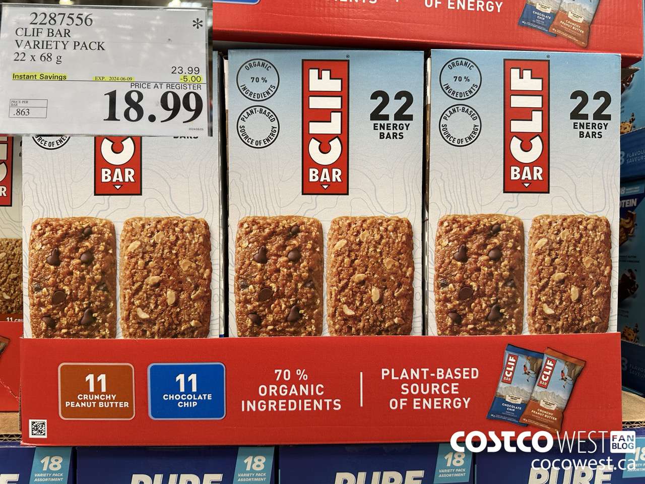 2287556 CLIF BAR VARIETY PACK 22 x 68 g ($5.00 INSTANT SAVINGS EXPIRES ON 2024-06-09) $18.99
