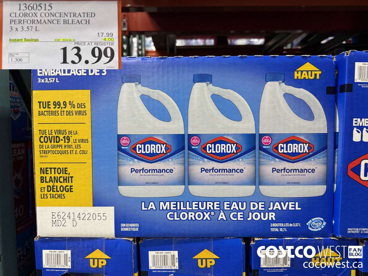 1360515 CLOROX CONCENTRATED PERFORMANCE BLEACH 3 x 3.57 L ($4.00 INSTANT SAVINGS EXPIRES ON 2024-06-16) $13.99