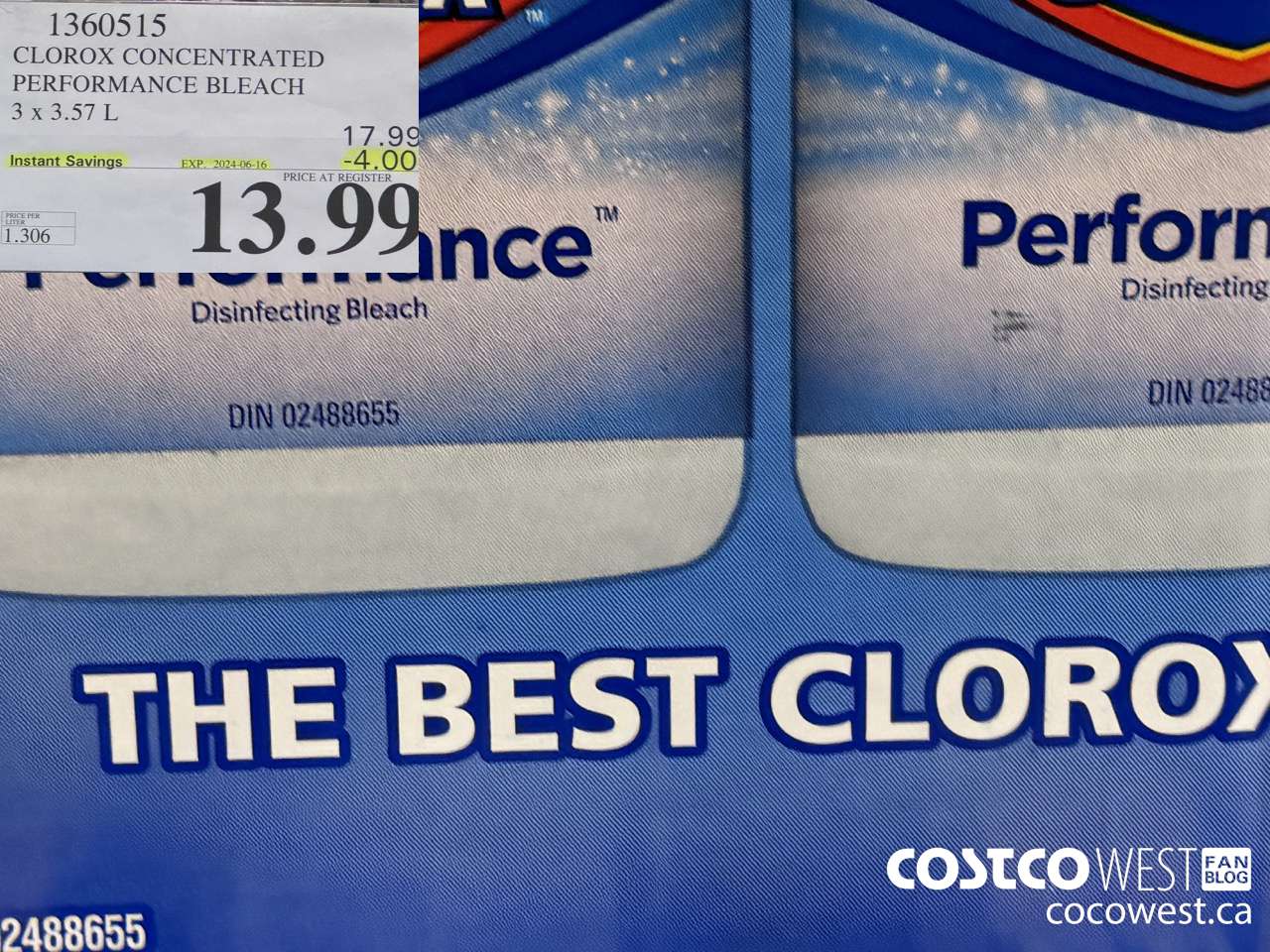 1360515 CLOROX CONCENTRATED PERFORMANCE BLEACH 3 x 3.57 L ($4.00 INSTANT SAVINGS EXPIRES ON 2024-06-16) $13.99