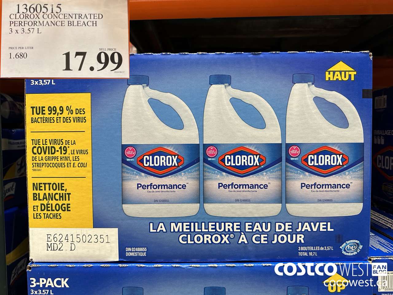 1360515 CLOROX CONCENTRATED PERFORMANCE BLEACH 3 x 3.57 L $17.99