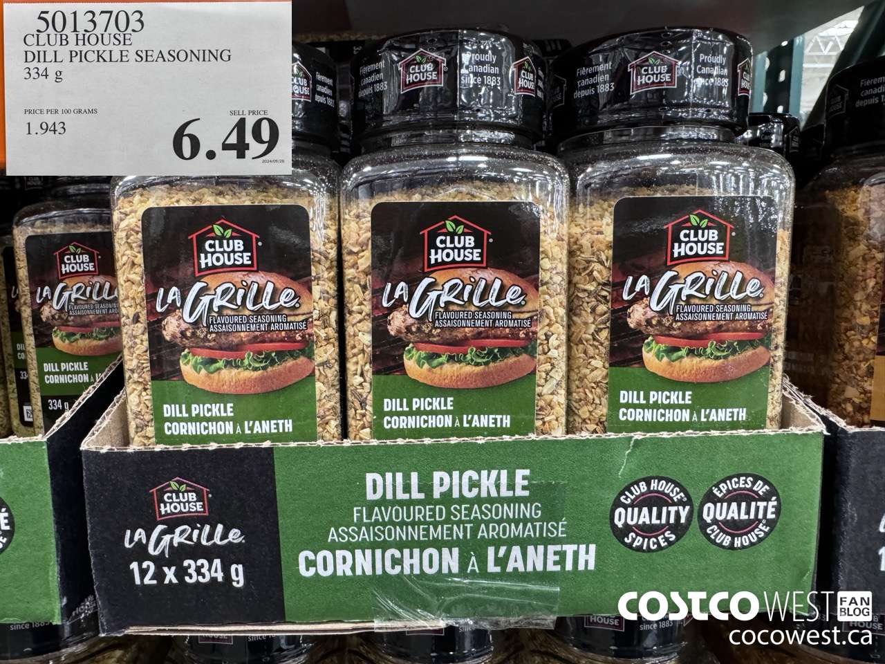 5013703 CLUB HOUSE DILL PICKLE SEASONING 334 G $6.49