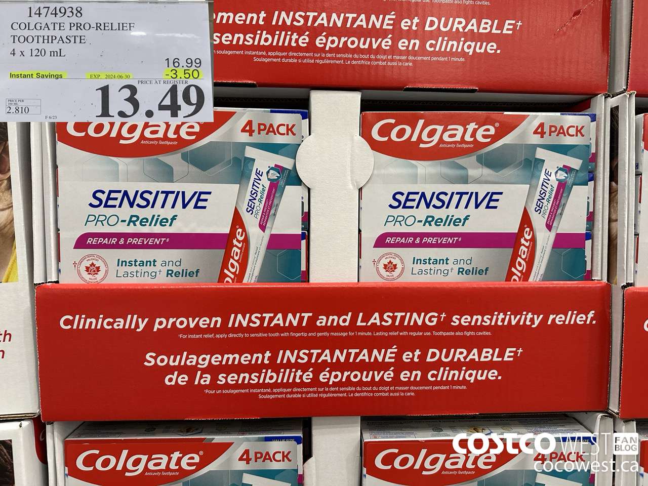 1474938 COLGATE PRO-RELIEF TOOTHPASTE 4 x 120 mL ($3.50 INSTANT SAVINGS EXPIRES ON 2024-06-30) $13.49