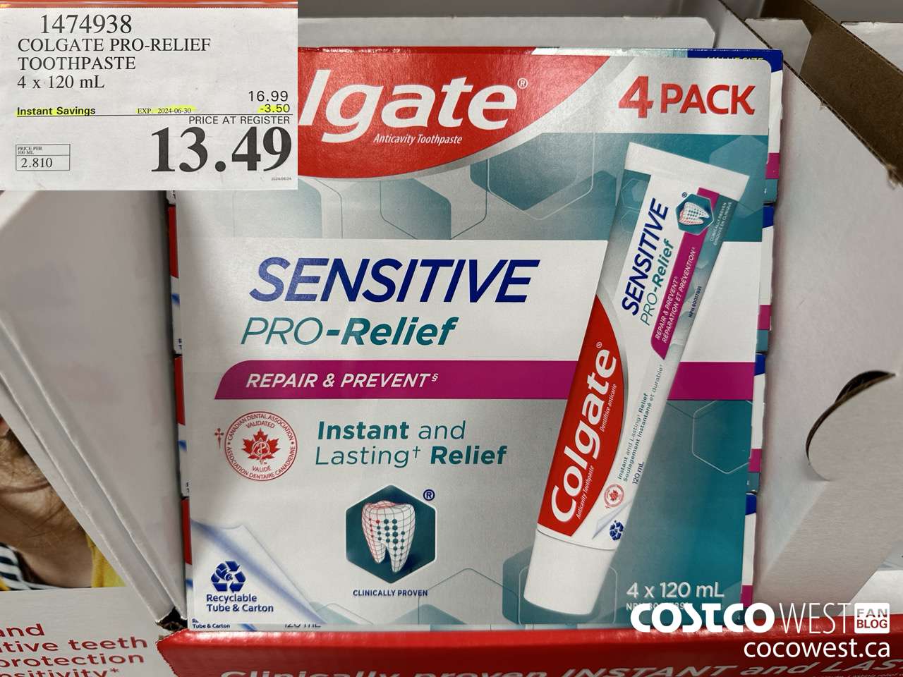 1474938 COLGATE PRO-RELIEF TOOTHPASTE 4 x 120 mL ($3.50 INSTANT SAVINGS EXPIRES ON 2024-06-30) $13.49