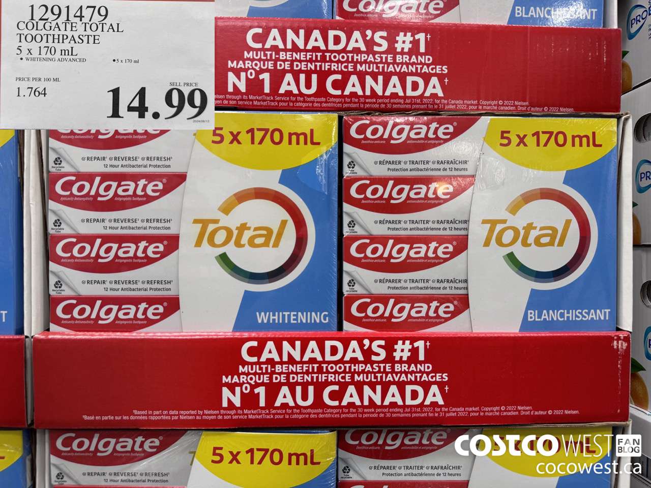 1291479 COLGATE TOTAL TOOTHPASTE 5 x 170 mL $14.99