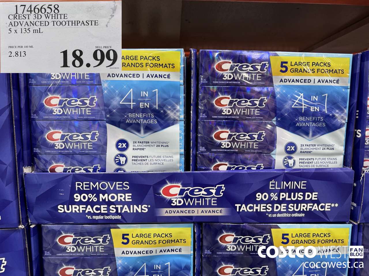 1746658 CREST 3D WHITE ADVANCED TOOTHPASTE 5 X 135ML $18.99