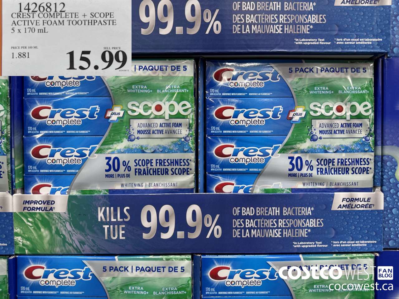 1426812 CREST COMPLETE + SCOPE ACTIVE FOAM TOOTHPASTE 5 x 170ml  $15.99