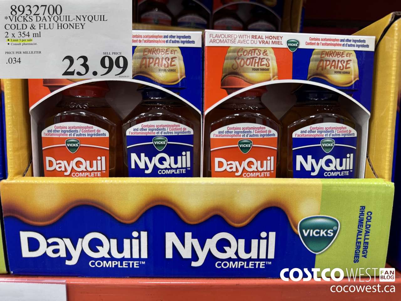 8932700 DAYQUIL-NYQUIL COLD & FLU HONEY 2 X 354 ML $23.99