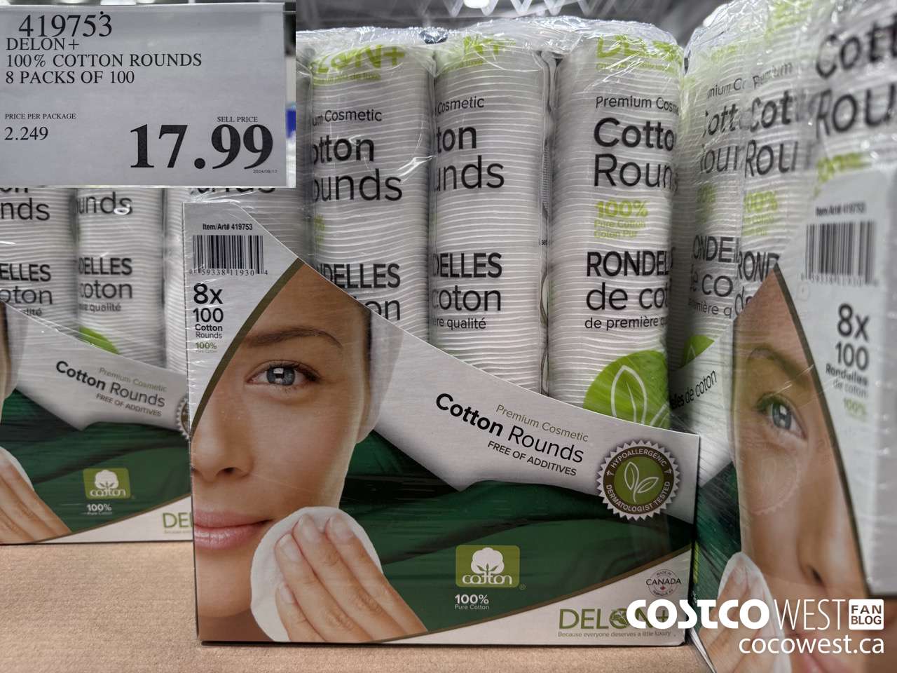 419753 DELON + 100% COTTON ROUNDS 8 PACKS OF 100 $17.99