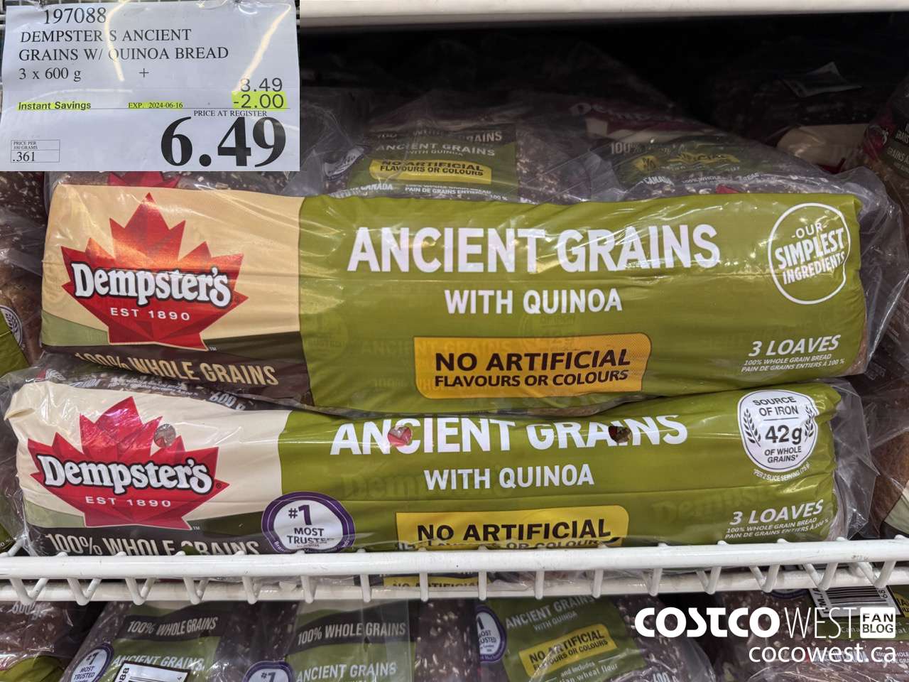197088 DEMPSTER'S ANCIENT GRAINS W/ QUINOA BREAD 3 x 600 g ($2.00 INSTANT SAVINGS EXPIRES ON 2024-06-16) $6.49