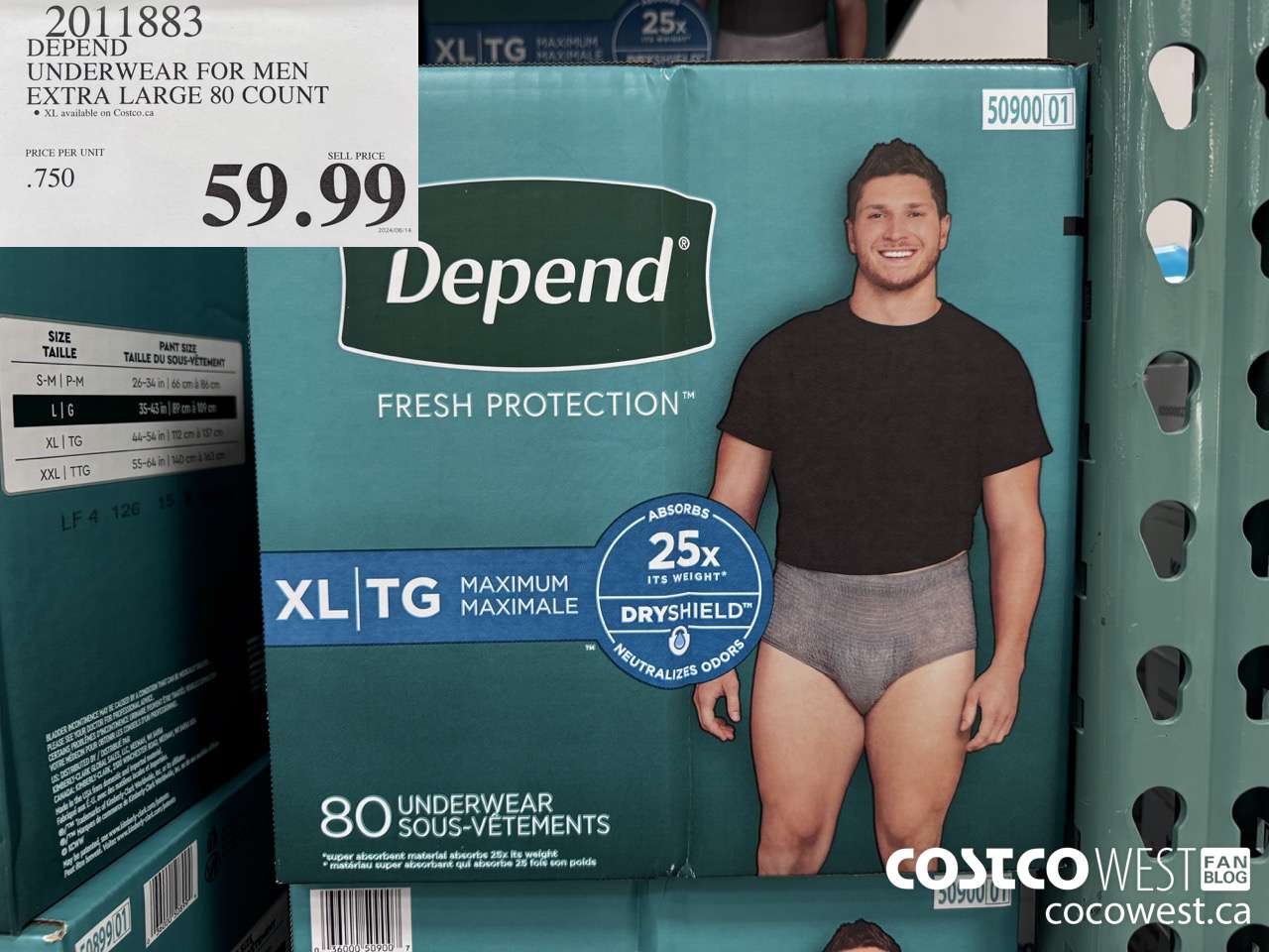 2011883 DEPEND UNDERWEAR FOR MEN X-LARGE 80 COUNT $59.99