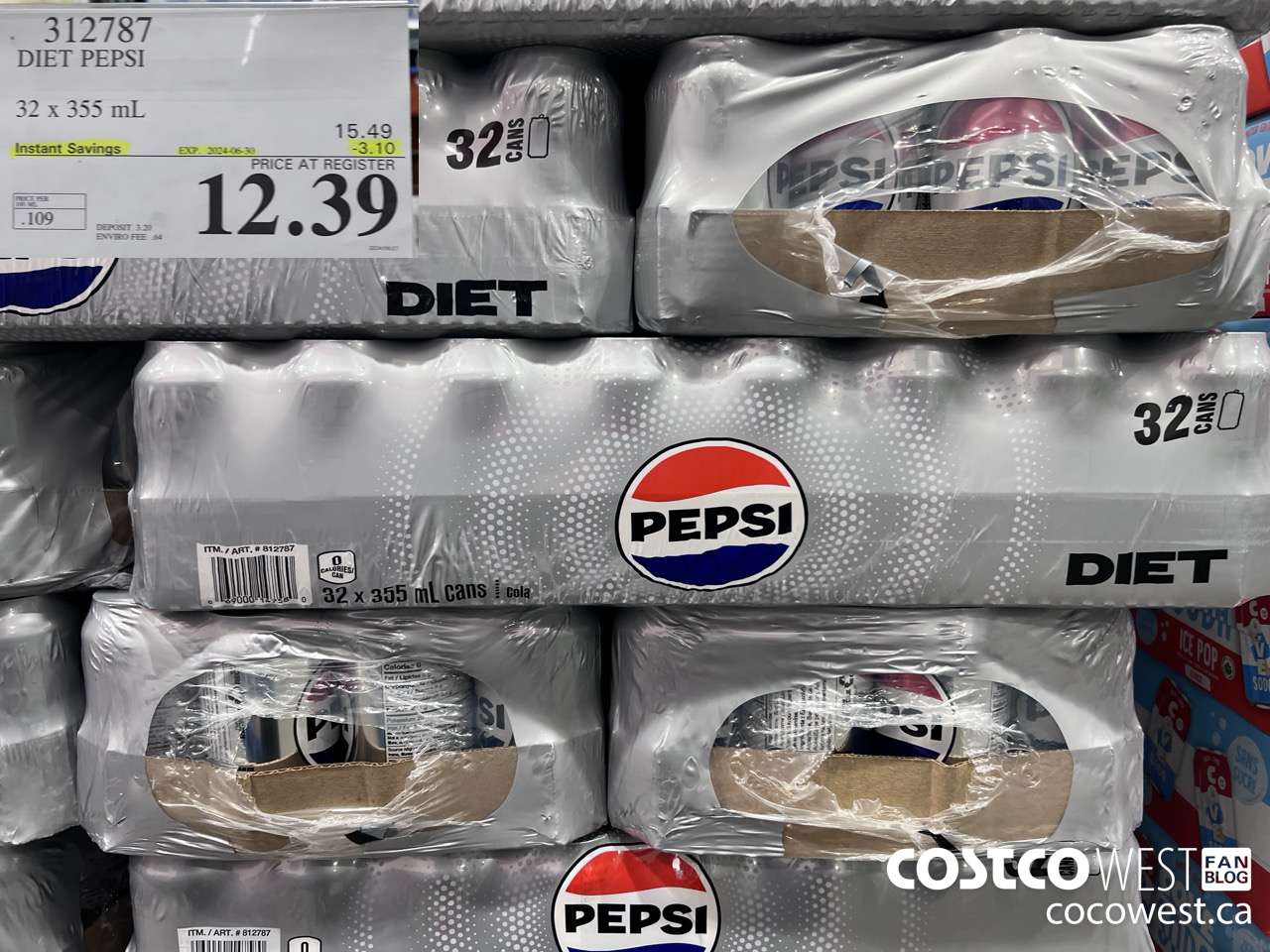 312787 DIET PEPSI 32 X 355 ML ($3.10 INSTANT SAVINGS EXPIRES ON 2024-06-30) $12.39