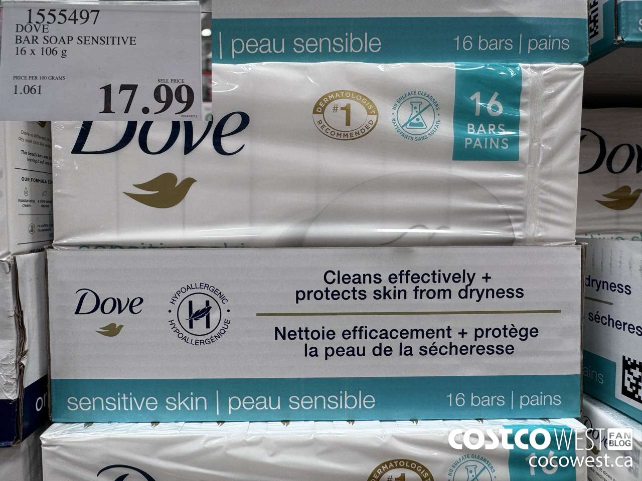 1555497 DOVE BAR SOAP SENSITIVE SKIN 16 x 106 g $17.99