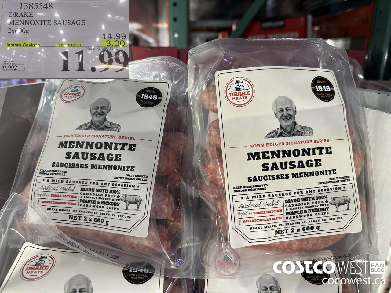 1385548 DRAKE MENNONITE SAUSAGE 2X600G ($3.00 INSTANT SAVINGS EXPIRES ON 2024-06-23) $11.99