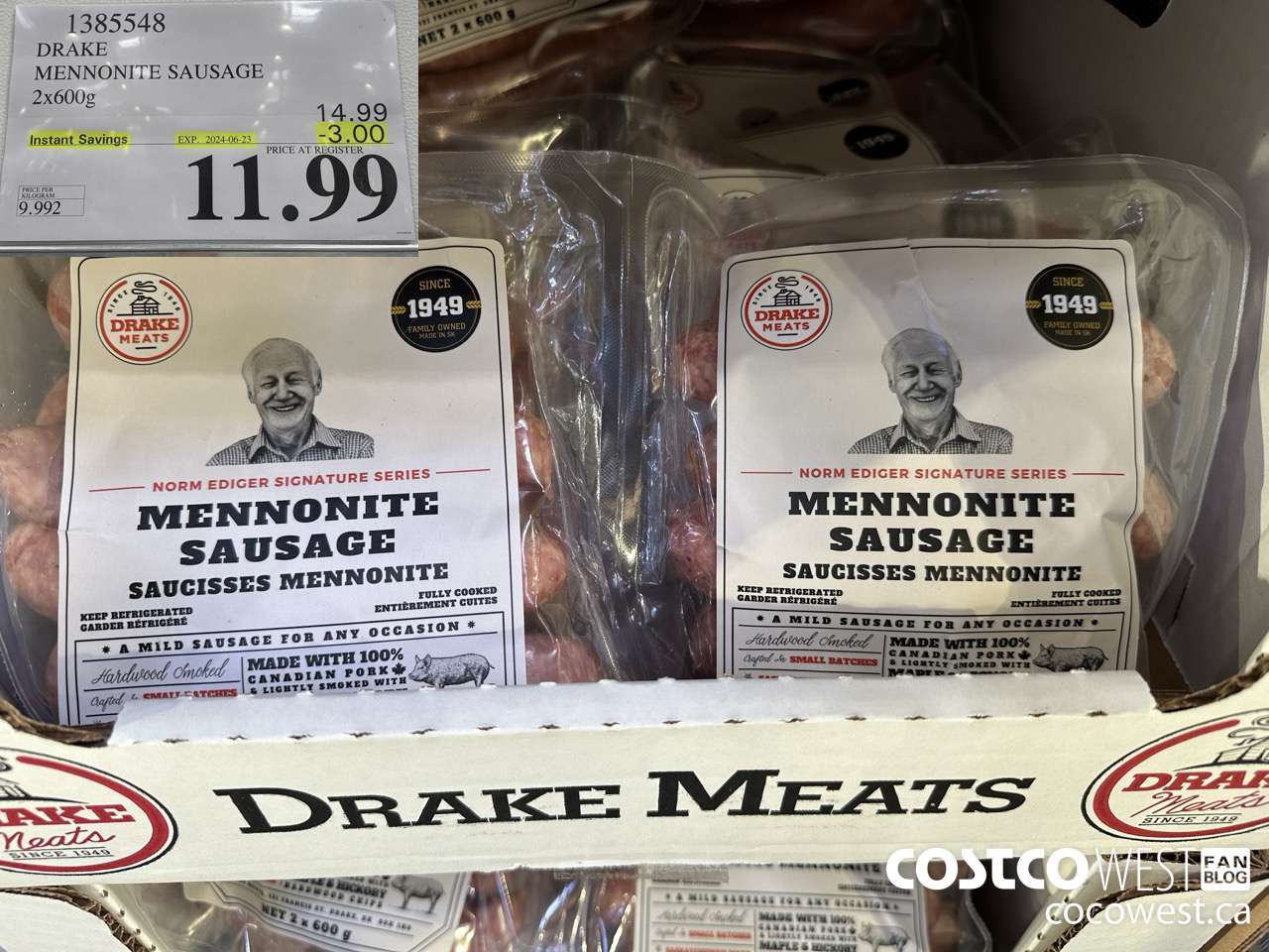 1385548 DRAKE MENNONITE SAUSAGE 2X600G ($3.00 INSTANT SAVINGS EXPIRES ON 2024-06-23) $11.99