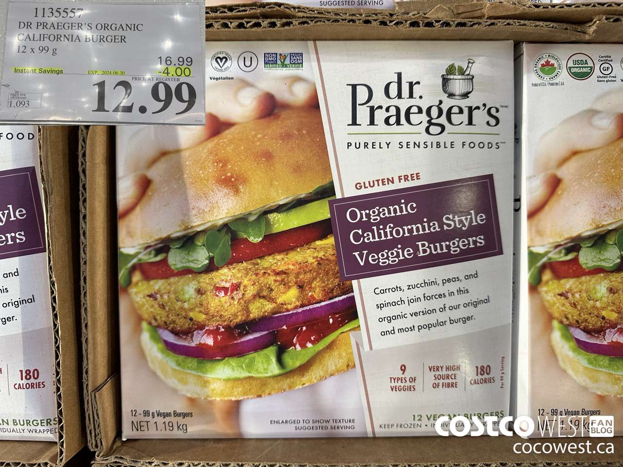 1135557 DR PRAEGER'S ORGANIC CALIFORNIA BURGER 12 x 99 g ($4.00 INSTANT SAVINGS EXPIRES ON 2024-06-30) $12.99