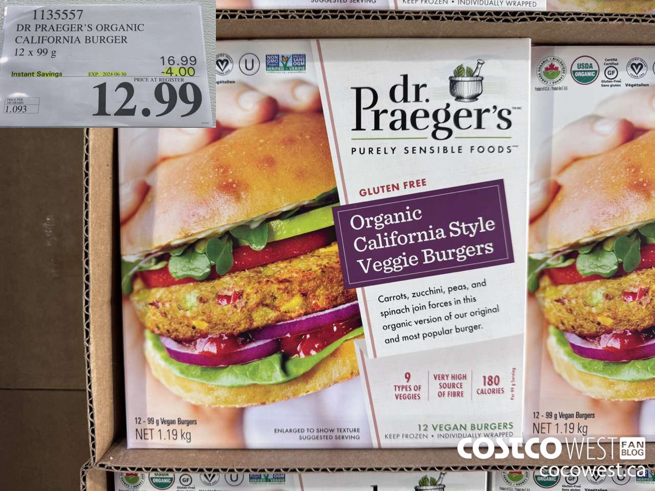 1135557 DR PRAEGER'S ORGANIC CALIFORNIA BURGER 12 x 99 g ($4.00 INSTANT SAVINGS EXPIRES ON 2024-06-30) $12.99