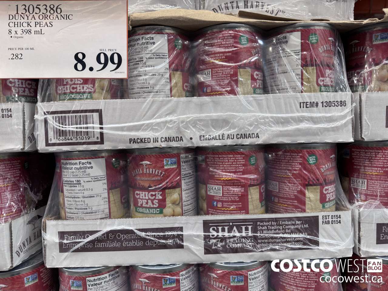1305386 DUNYA ORGANIC CHICK PEAS 8 X 398 ML $8.99